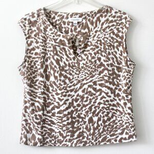 Calvin Klein White Tan Animal Print Sleeveless Chain Notch Neckline Blouse Large